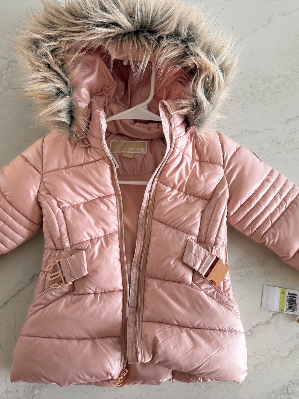 Michael Kors Girls' Pink Puffer Jacket with Faux Fur Hood Size 4T